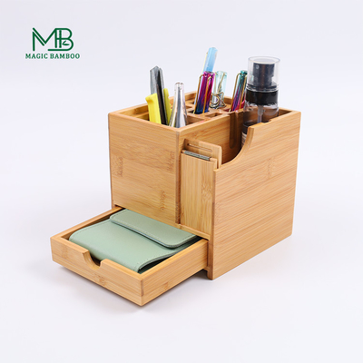 Porta caneta multifuncional de bambu com gaveta e cortador de fita