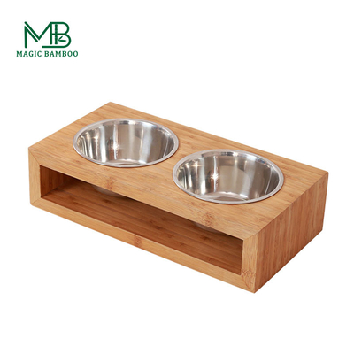 Alimentação de animais de estimação de bambu com duas posições de copos de aço retangulares