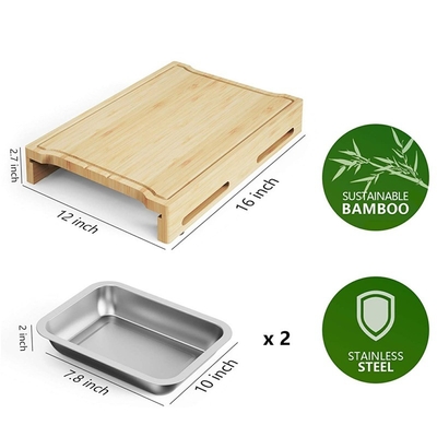 Tabuleiro de corte de bambu de cor natural, retangular, com bandeja e gavetas para cozinha