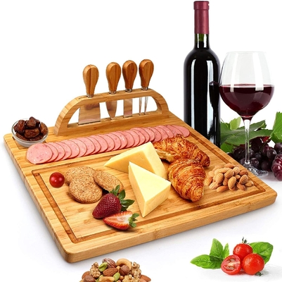 Conjunto de tabuleiro de queijo de bambu com gaveta de talheres Rectângulo Conjunto de placa de bambu e faca de queijo