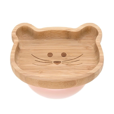 Logotipo personalizado Urso lindo Resistente a quedas Taça de bambu com colher de alimento Base de silicone
