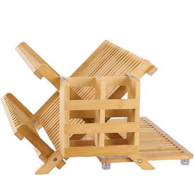 Rack de secagem de pratos de madeira de bambu dobrável de 3 camadas com suporte de utensílios