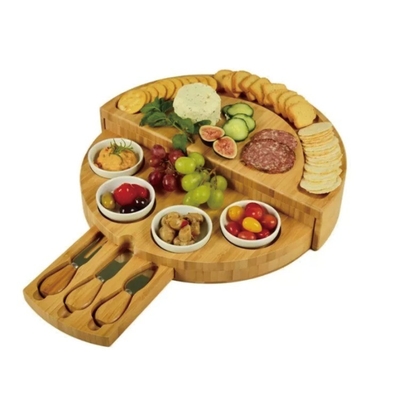 Melhor prato de presente bandeja de bambu multifunção forma redonda tabuleiro de corte de queijo com faca