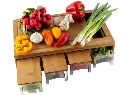 OEM ODM Tabela de corte de bambu natural com armazenamento multifuncional e 4 drawers de bandeja de plástico