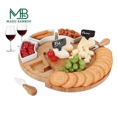 Caixas de servidor de cerâmica natural removível para lanches com painel redondo de queijo de bambu 33X33X5CM