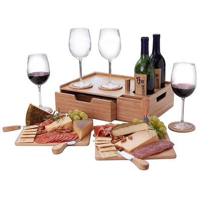 Logotipo personalizado Acceptável bandeja de servir queijo de bambu com gaveta de armazenamento e conjunto de vinho