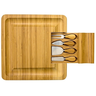 Tabela de corte de queijo de bambu com forma retangular quadrada de faca e garfo