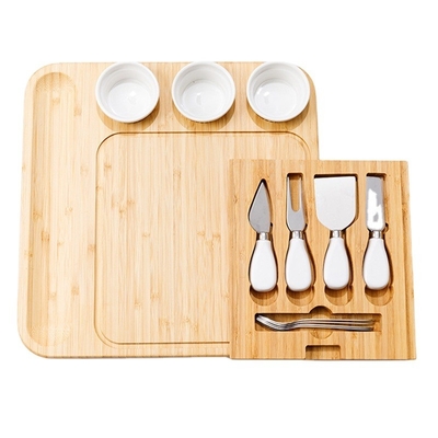 Blocos de cortar retangulares e 3 taças de cerâmica Knife Set Quarto de queijo de bambu para cozinha Pizza presente
