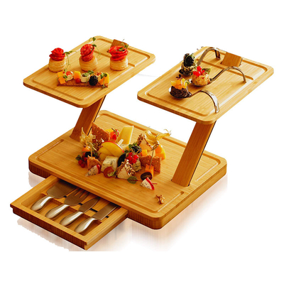 bandeja de serviço de bandeja modular de bambu com gaveta deslizante e 3 camadas de queijo
