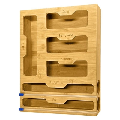 Organizador de armazenamento de sacos de ziplock de bambu 6 em 1 com cortador