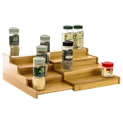 Rack de especiarias multifuncional de 4 níveis orgânico sólido de bambu expansível para armários modernos
