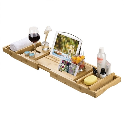 Lados estendíveis Banheira de luxo de bambu Caddy bandejas para livros tablets e copos de vinho