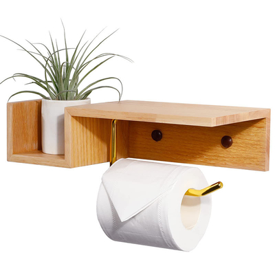 Porta-papel higiénico de bambu com prateleira