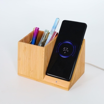 Carregador sem fio de escritório de bambu rápido com porta caneta e relógio aceitável OEM