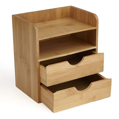 Logotipo personalizado aceitável 4 camadas caixa de bambu organizador de mesa com 2 gavetas