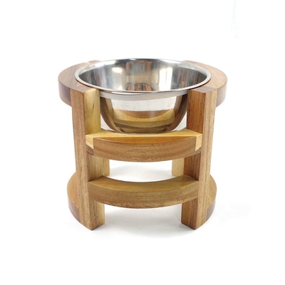 Feito em estilo moderno elevado de bambu madeira alimentador de animais com tigelas de aço inoxidável