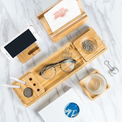 Organizador de mesa de bambu sustentável com canetas de suporte de smartphone e suporte de clips de papel