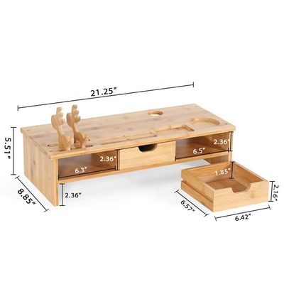 Monitores de computador de bambu de nível único 54x22.5x14cm com suporte de desktop e 2 gavetas