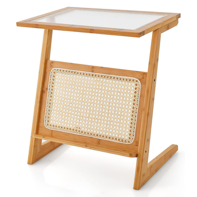 Tabela final de bambu e rotão de cor natural em forma de Z com tampa de vidro e estante de revistas