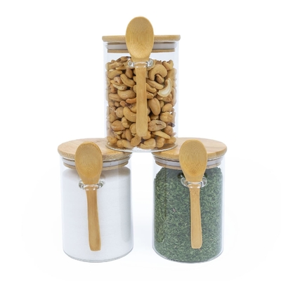 Conjunto de armazenamento conveniente de 3 frascos de vidro herméticos com tampas e colheres de bambu