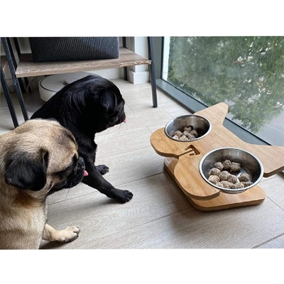2023 Rack não dobrável alimentador de animais de estimação de bambu elevado com tigelas de alimentos e água de aço inoxidável