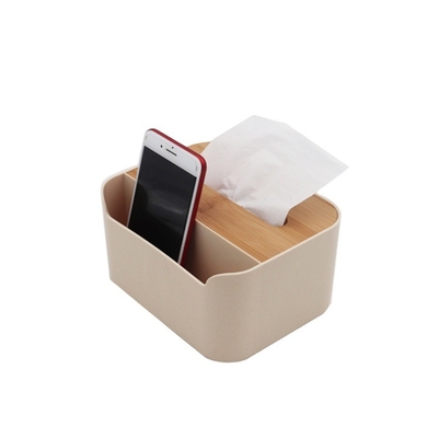Organizador de mesa com caixa de tecido de plástico e tampa de bambu