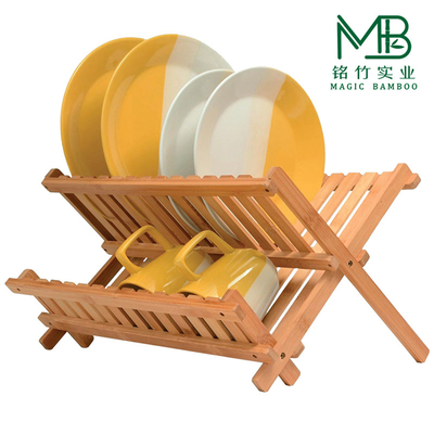 Equipa de armazenamento de pratos dobrável de 2 camadas de bambu para balcões de cozinha