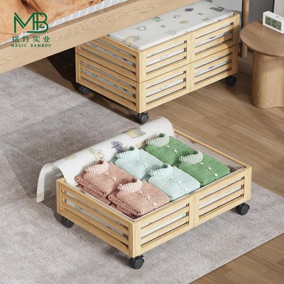Caixa de armazenamento de roupa de cama de bambu com rodas e saco de poeira para quarto em casa